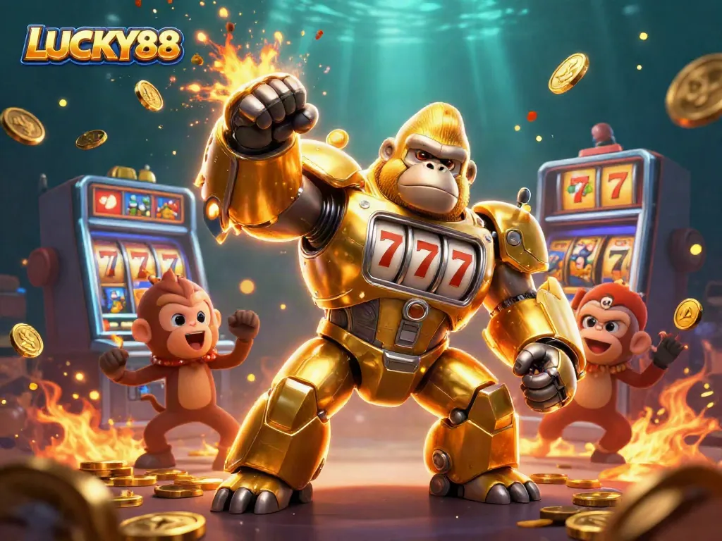 Join the thrilling action at LUCKY88 with a dynamic scene featuring a golden gorilla mech and slot machine elements.