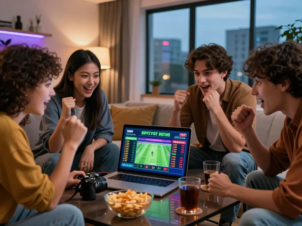 Friends enjoying live sports betting on FABET platform in a lively living room.