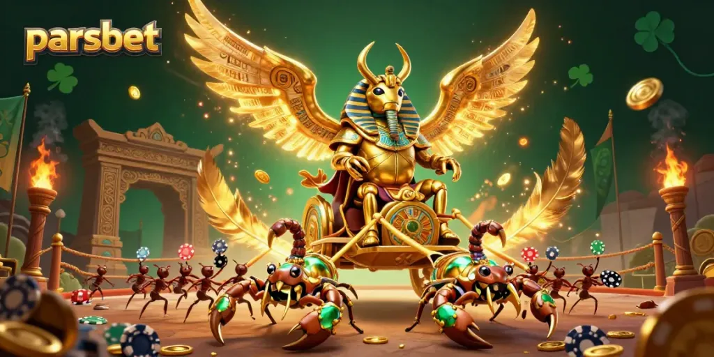 Engage with parsbet's vibrant gaming scene featuring a golden scarab beetle and dynamic casino elements.