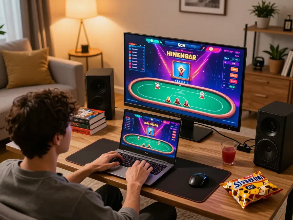 Engaging online SC88 gameplay on a laptop in cozy living room, showcasing exciting poker interface.