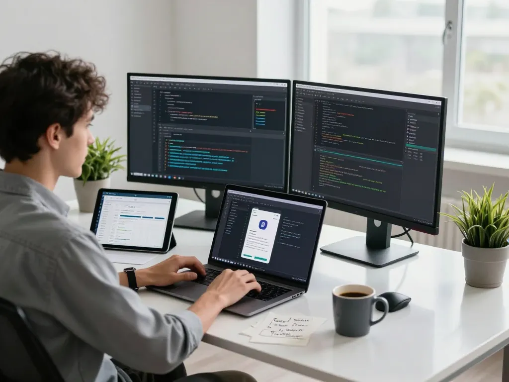 Developer coding the mobile app interface at https://thscrore.app/ in a bright, modern workspace with multiple screens and plants.