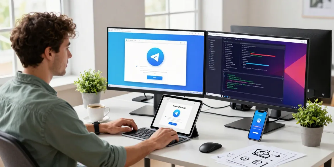 Developer showcasing Telegram download on multiple screens in a modern workspace