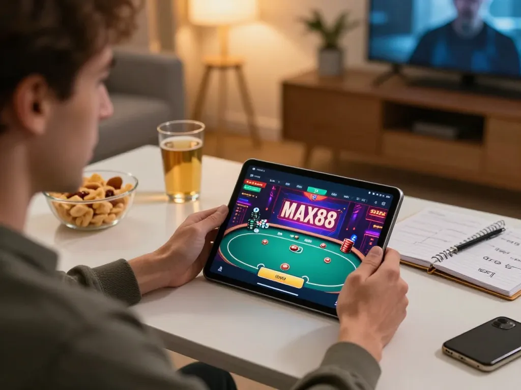 Engaging with MAX88 on a tablet in a cozy home setup while enjoying snacks.