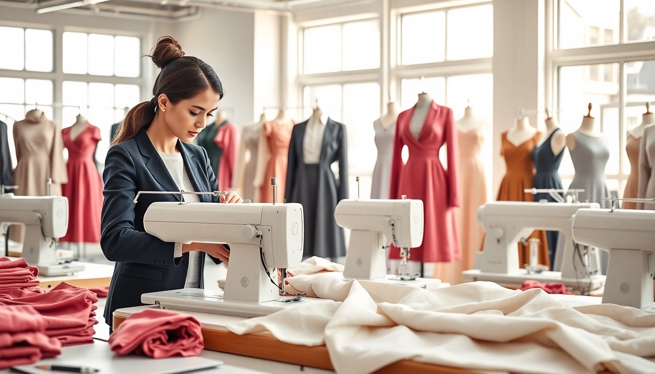 Women’s Clothing Manufacturer creating elegant modest wear in a bright workshop.