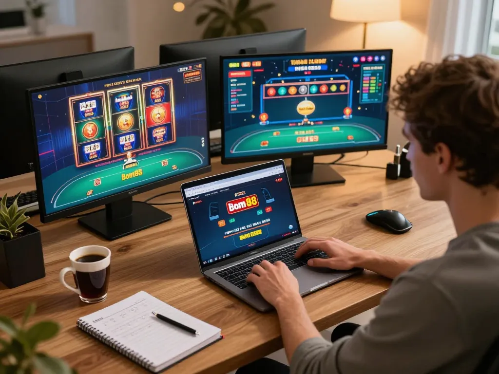 Engaging online poker gameplay on bom88 platform with cozy home office setup.