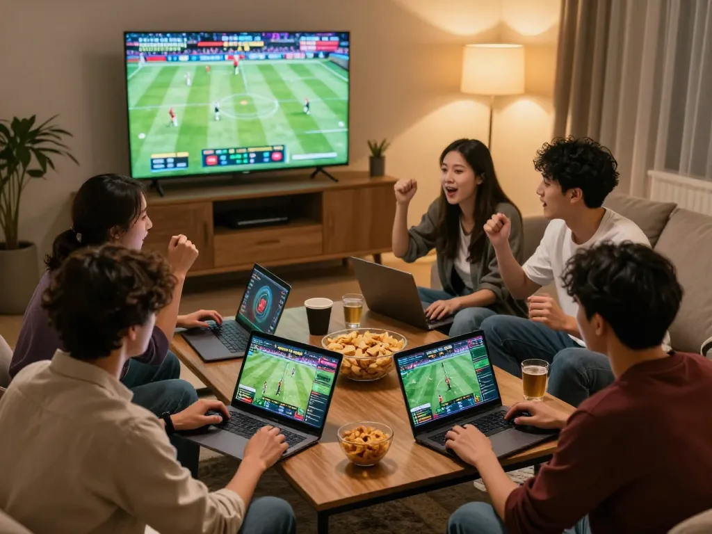 Friends engaging in live sports betting at home while analyzing games and discussing odds with enthusiasm, showcasing hi88 gaming excitement.