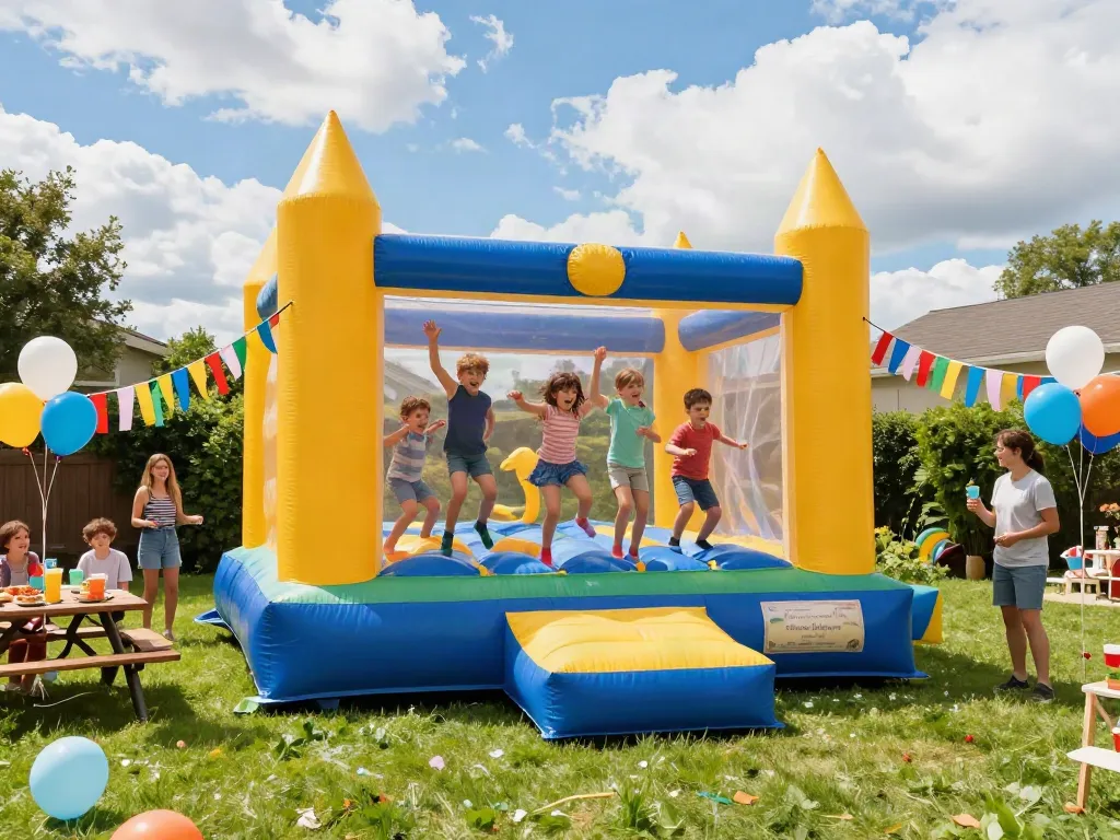 Children enjoying a bounce castle at a lively backyard party filled with decorations and laughter.