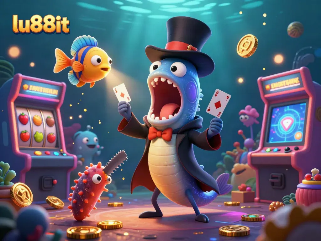 Experience the magic of lu88it with animated characters performing thrilling card tricks amidst vibrant casino gaming elements.