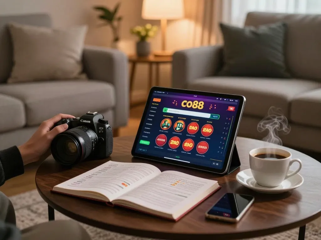Engaging online casino game on co88 tablet in cozy home setting.