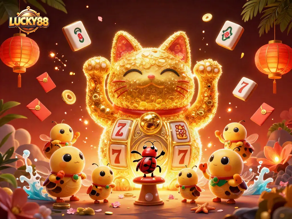 LUCKY88 cat shape illuminated by colorful casino symbols creates a vibrant gaming atmosphere.