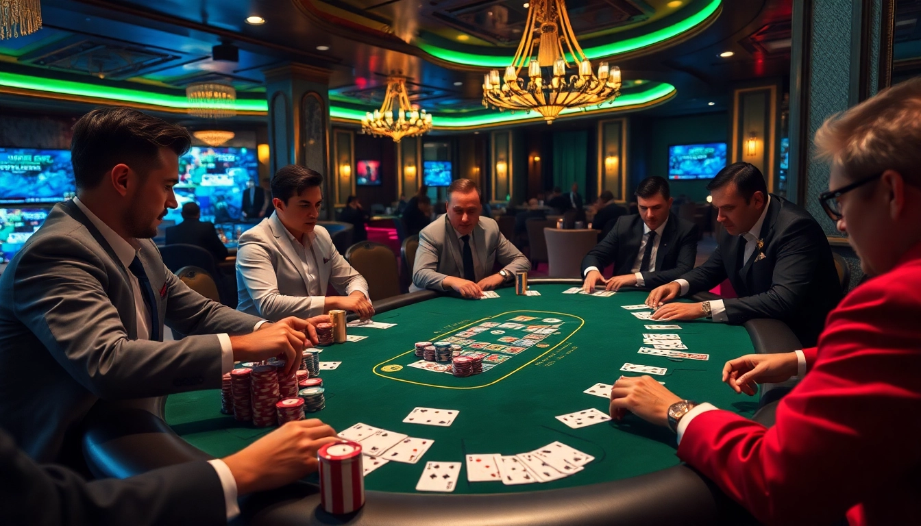 A high-stakes poker scene illustrating thrilling gameplay at https://sky88sa.com/ with vibrant chips and focused players.