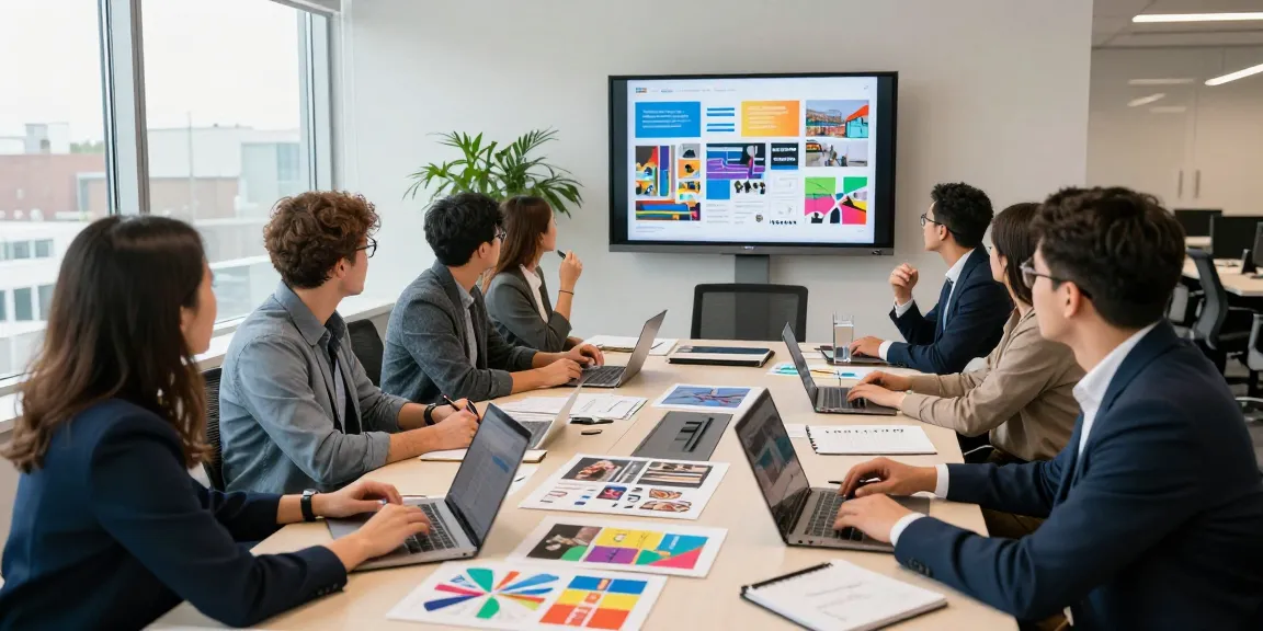 Dynamic team collaborating on corporate event planning Mississauga in a modern office setting.