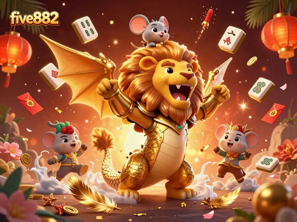 Experience thrilling wins at five882 with this vibrant casino-themed illustration filled with excitement.