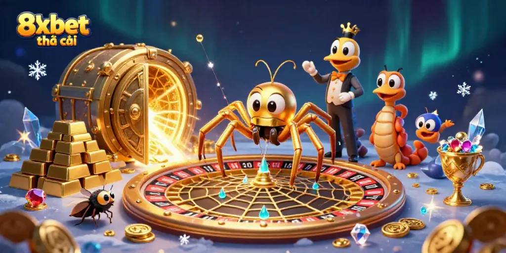 Experience the thrill of 8xbet nhà cái with a vibrant casino scene featuring a spider, croupier, and gold treasures.