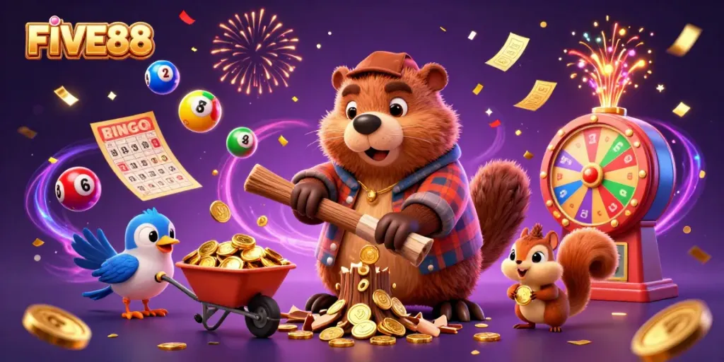 Experience the excitement of five88 with vibrant characters amidst a shower of golden coins and lottery elements.