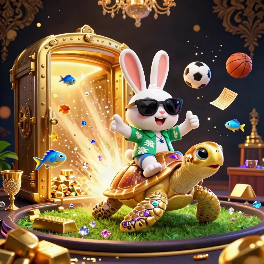 Lucky rabbit rides a gold turtle as treasure, balls, and gems burst in casino light.