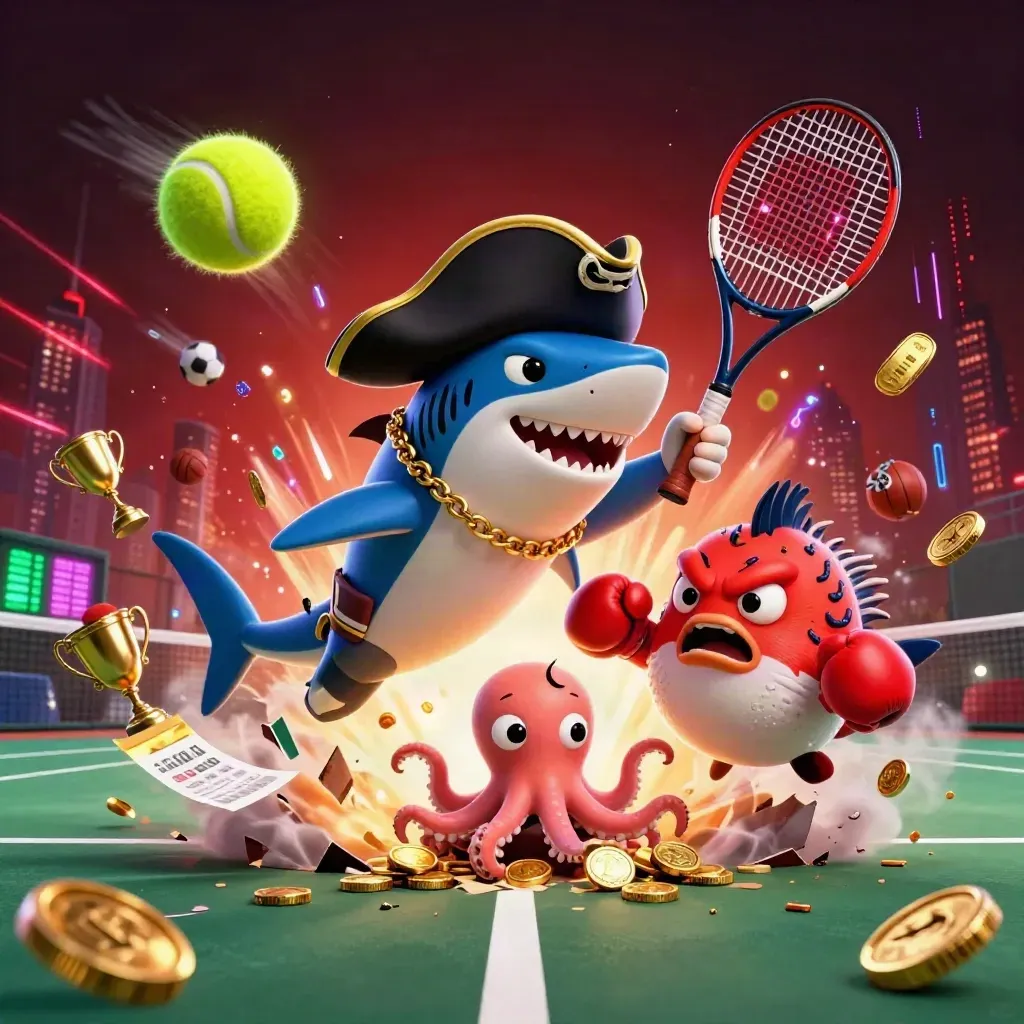 Pirate shark, pufferfish, and octopus amid tennis-ball action, coins, and casino lights