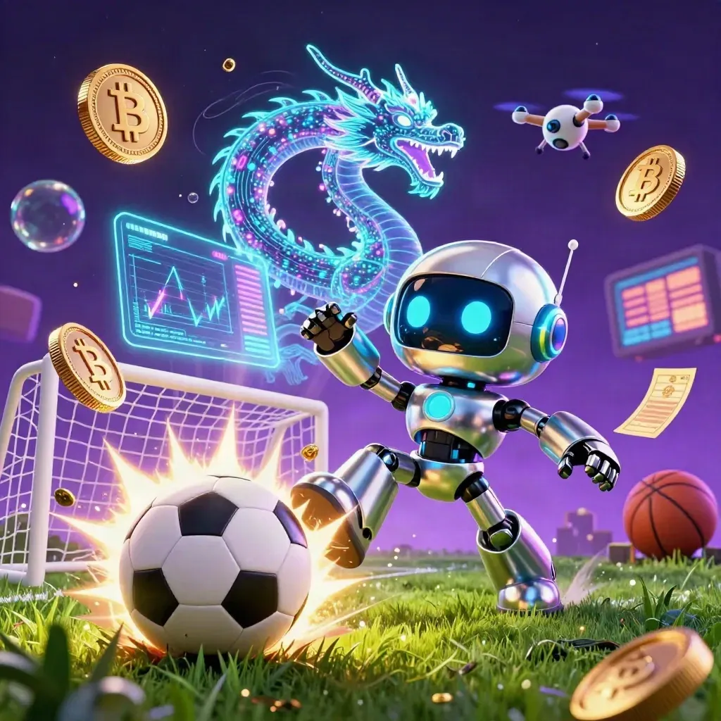 Cyberpunk robot, holographic dragon, and drone blast a soccer ball amid casino coins and neon energy