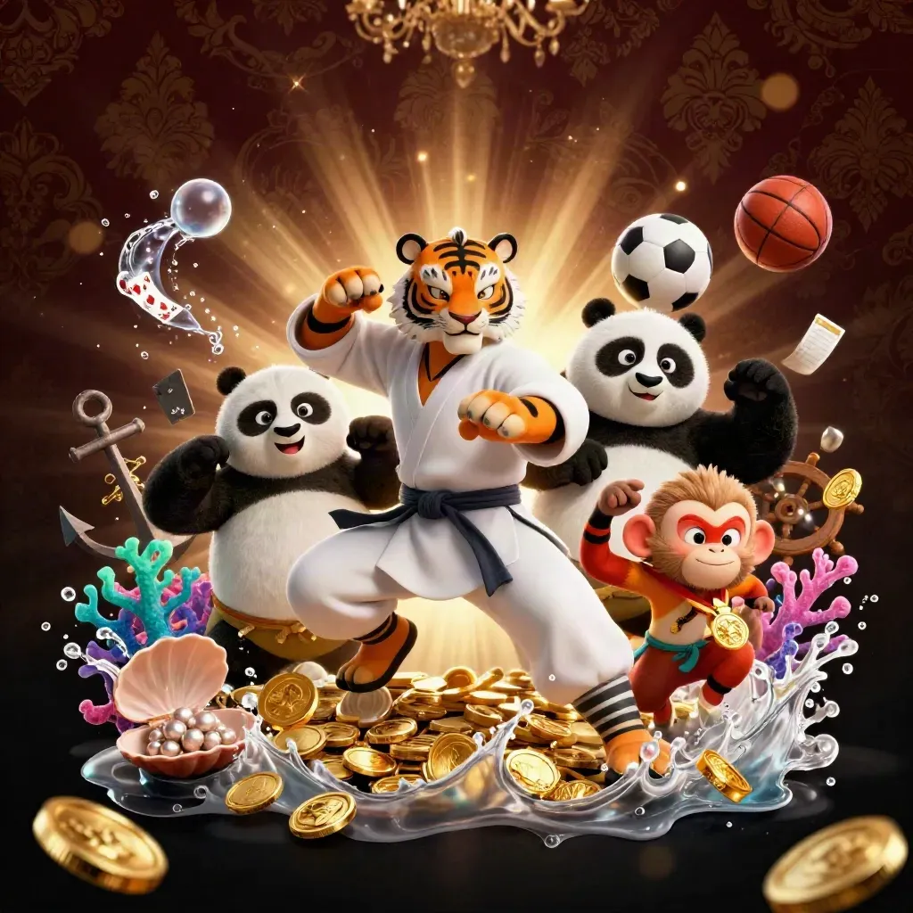 Kung-fu tiger, panda, and monkey in casino treasure cove with flying balls, cards, and gold