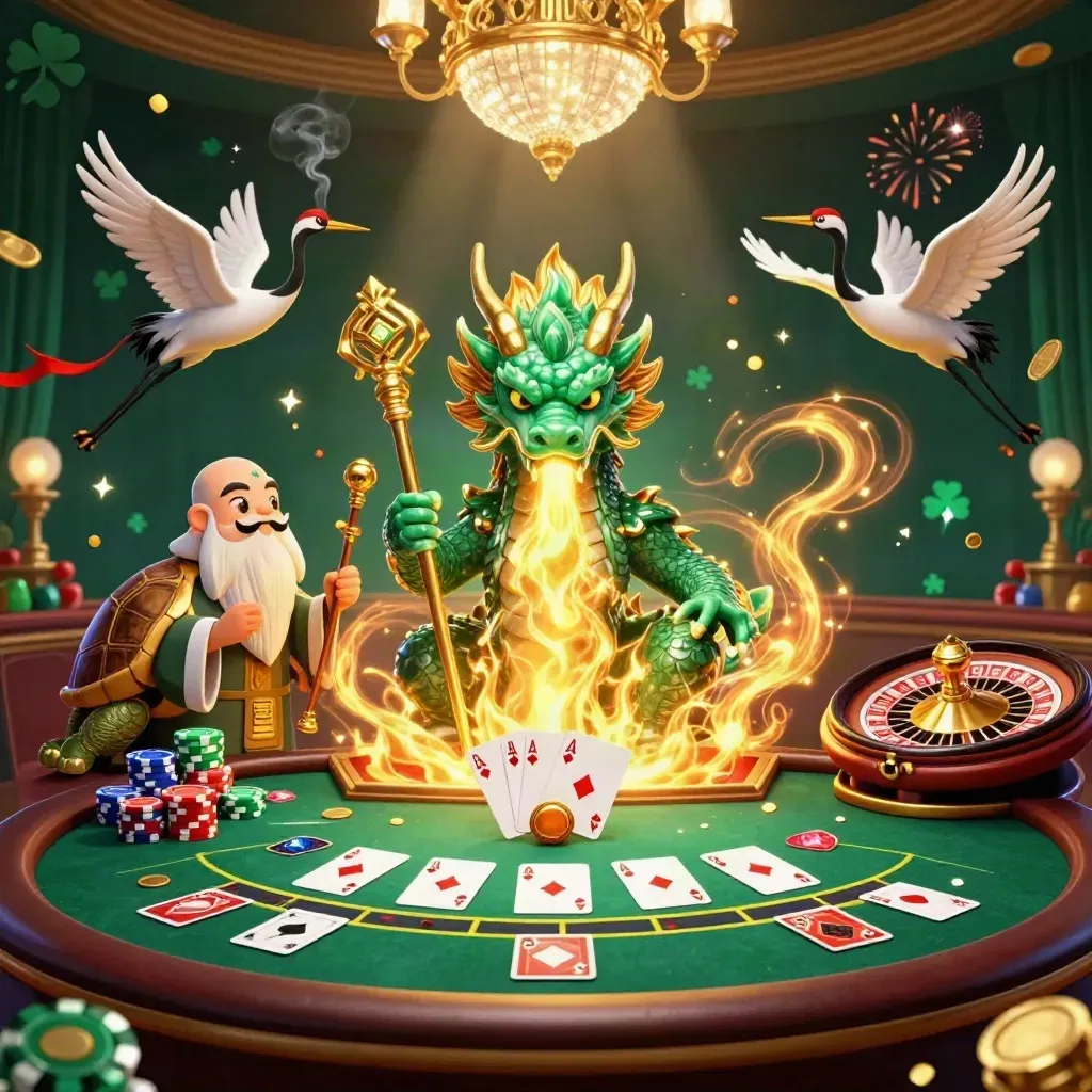 Emerald dragon, turtle sage, and cranes in a luxe casino room with cards, chips, and fireworks.