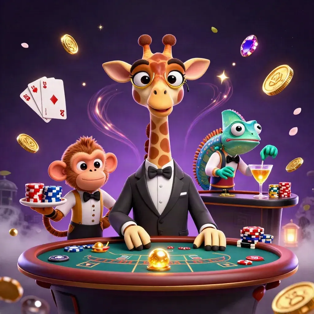 Giraffe, monkey valet, and chameleon bartender in luxe casino room with coins, gems, and roulette glow