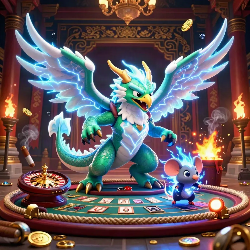Thunder dragon, wind hawk, and static mouse in a neon casino temple scene with gold and emerald glow.