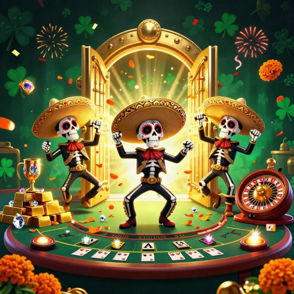 Day-of-the-Dead skeleton mariachi trio amid vault gold, jewels, confetti, and neon casino glow.