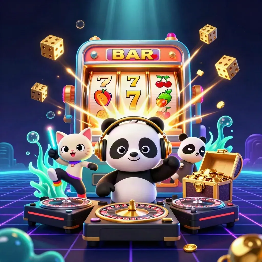 DJ panda, monkey, and glow-stick kitten blast a slot machine in neon casino light