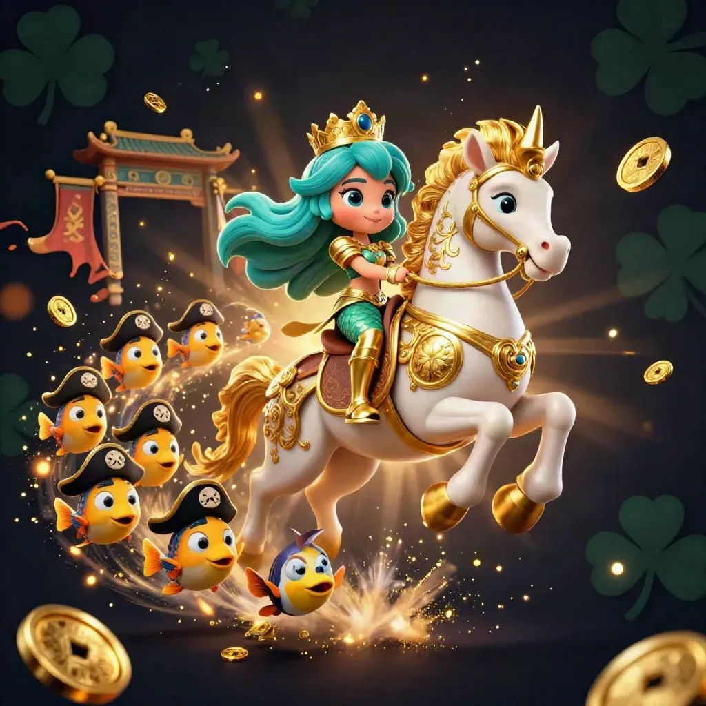 Mermaid princess on armored seahorse with pirate fish, gold sparks, temple gate, and casino fantasy glow