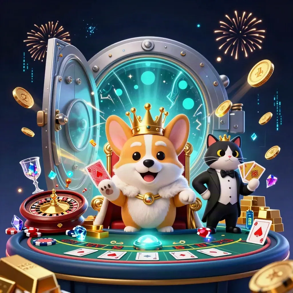 Royal corgi and cat butler amid vault blasts, gold coins, roulette, and casino glow.