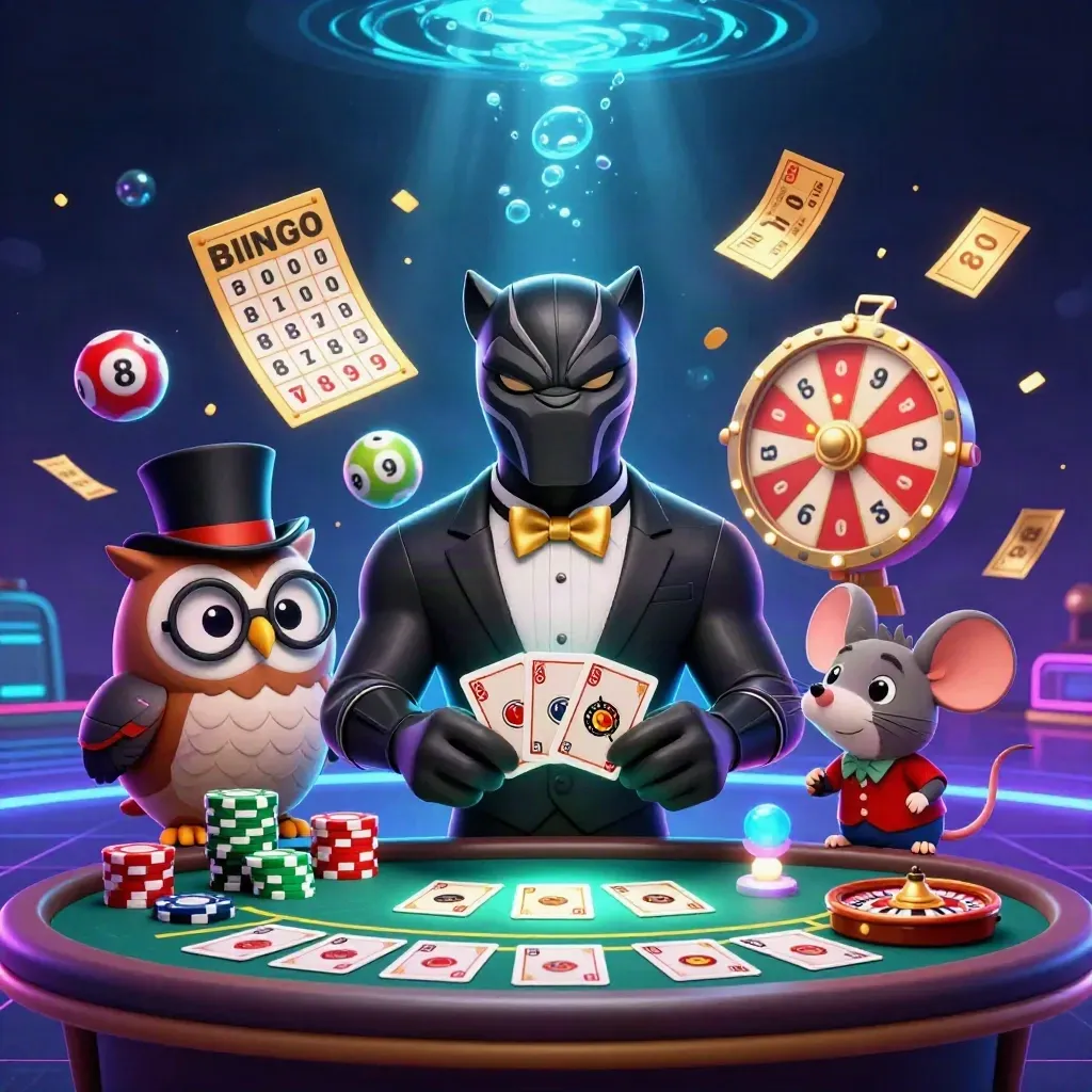 Panther, owl, and mouse celebrate amid coins, wheels, cards, neon glow, and fireworks.