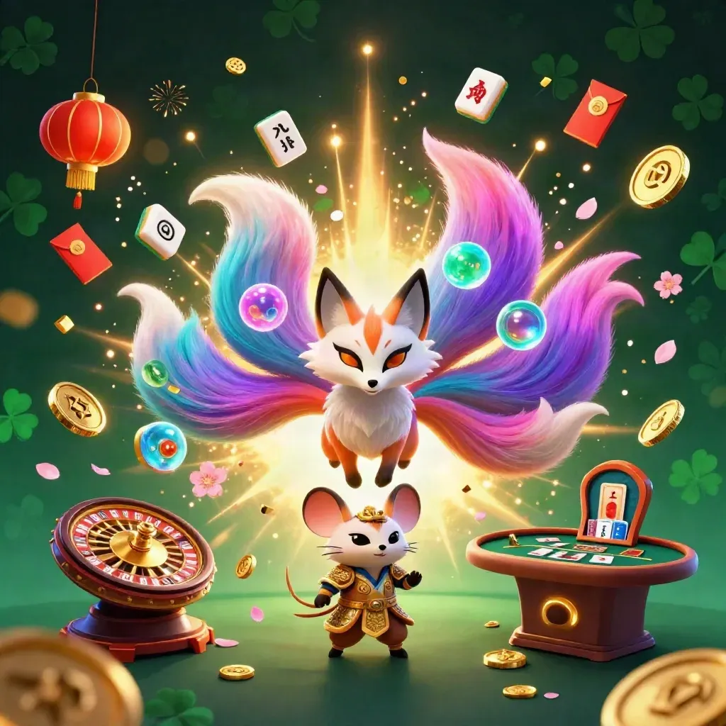 Neon fox spirit and armored mouse amid coins, lanterns, cards, fireworks, and casino glow