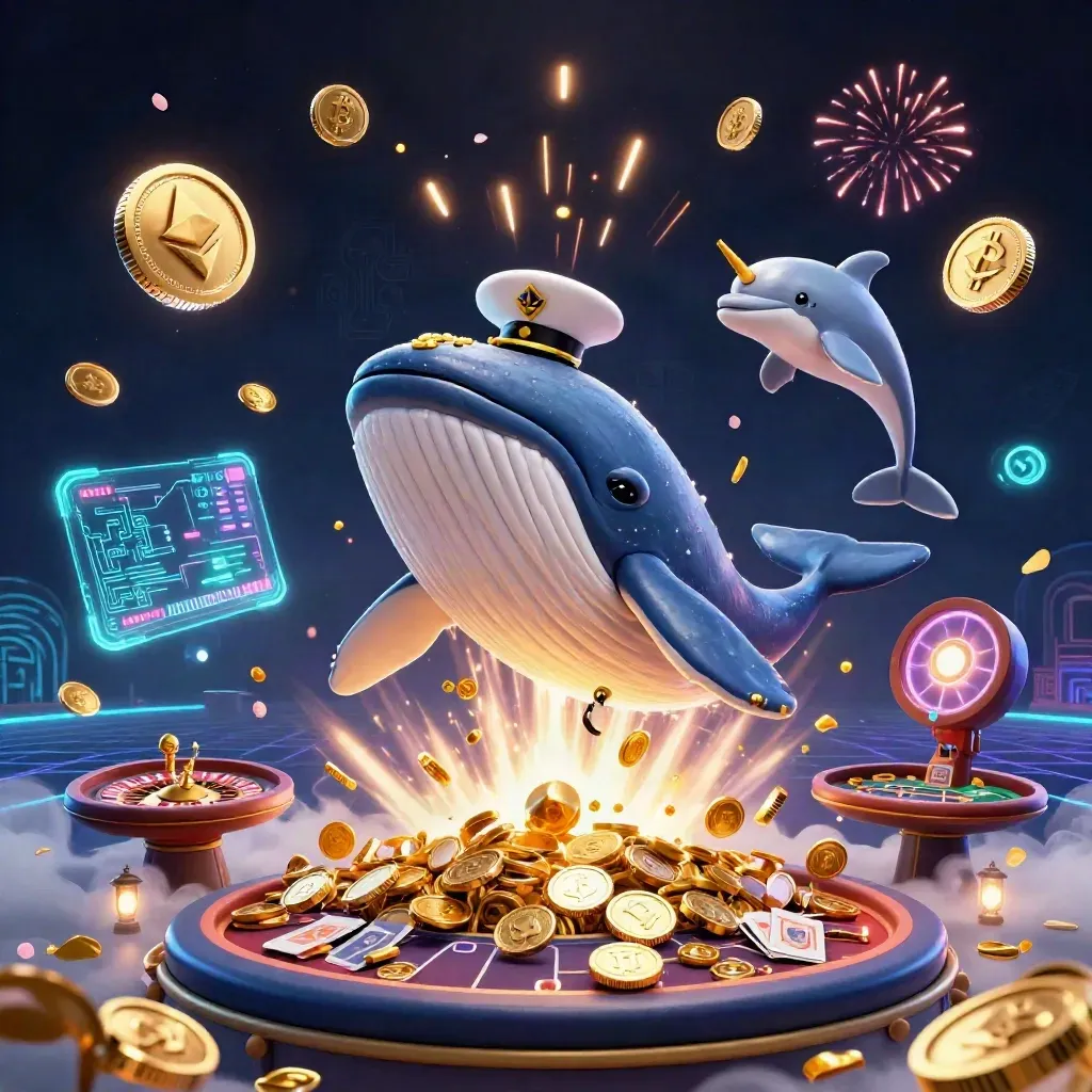 Whale captain, narwhal and dolphins burst through coins with neon casino effects.