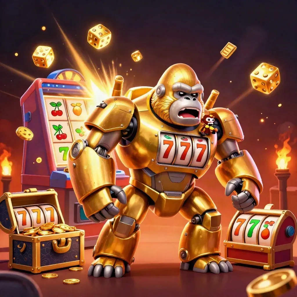 Golden gorilla slot-mech with tiny monkey pilot, bursting sevens, dice, and coin jackpot glow.