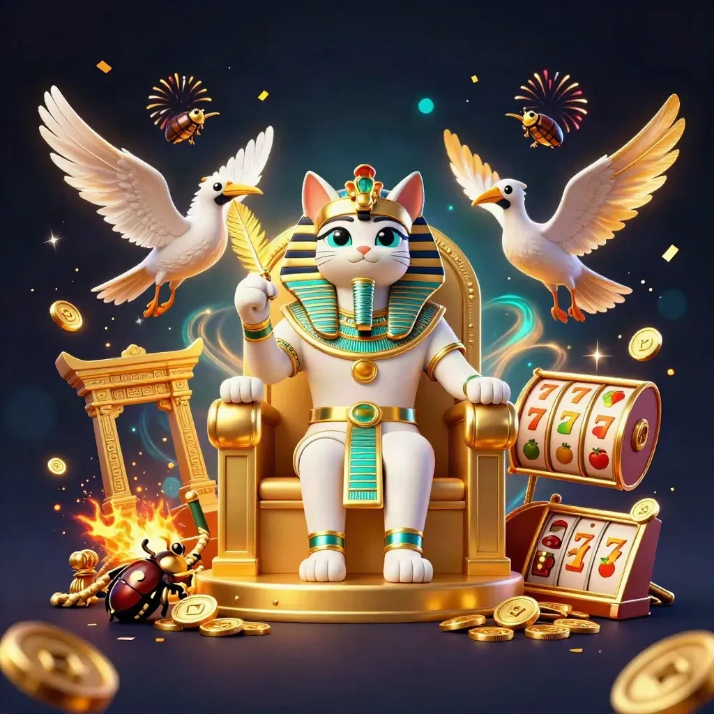 Pharaoh cat on golden throne with ibis scribe and scarabs in a neon casino burst.