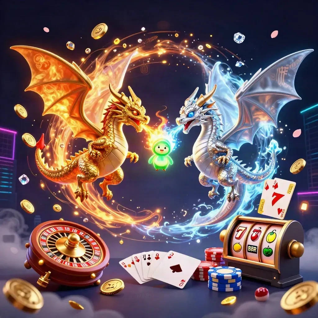 Gold and silver dragons twist around a lantern spirit in a neon casino storm of coins, chips, reels, and cards.