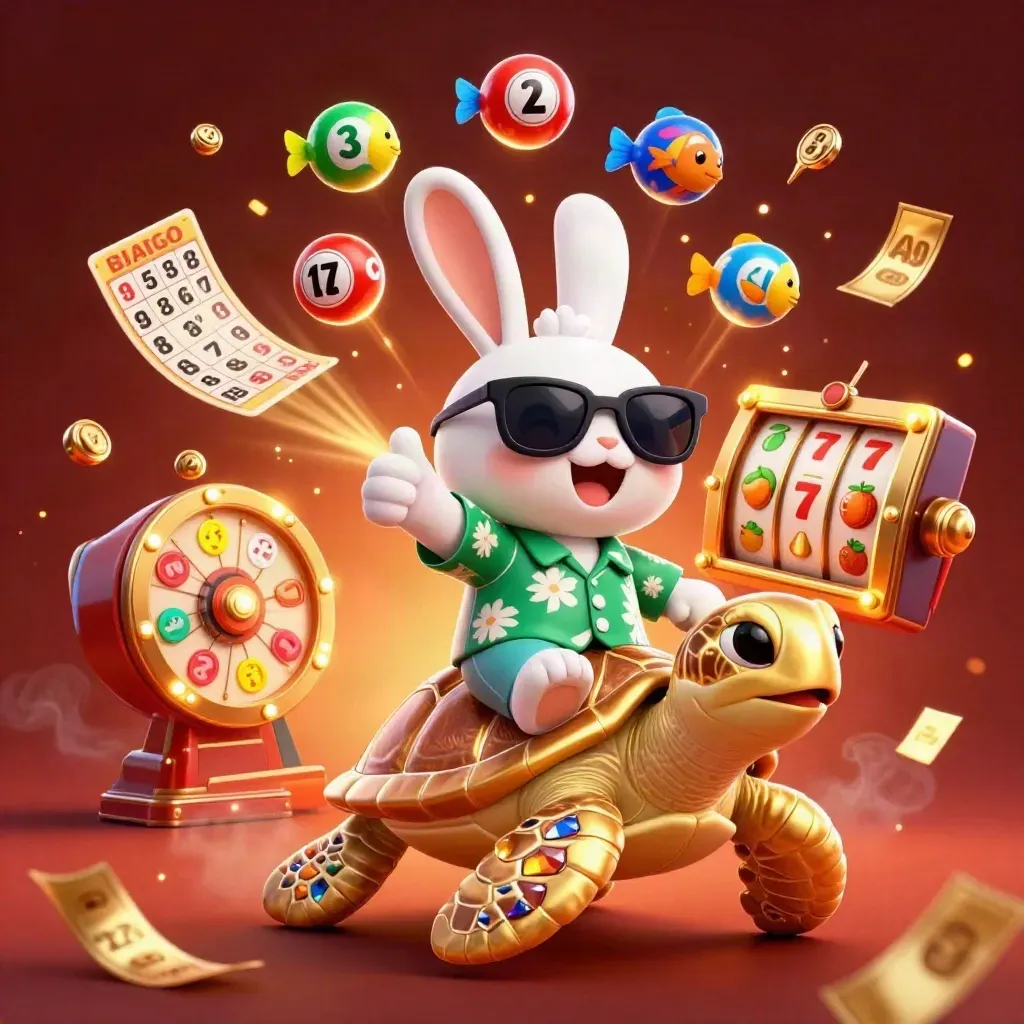 Lucky rabbit on a gem turtle amid casino reels, balls, tickets and ember glow.