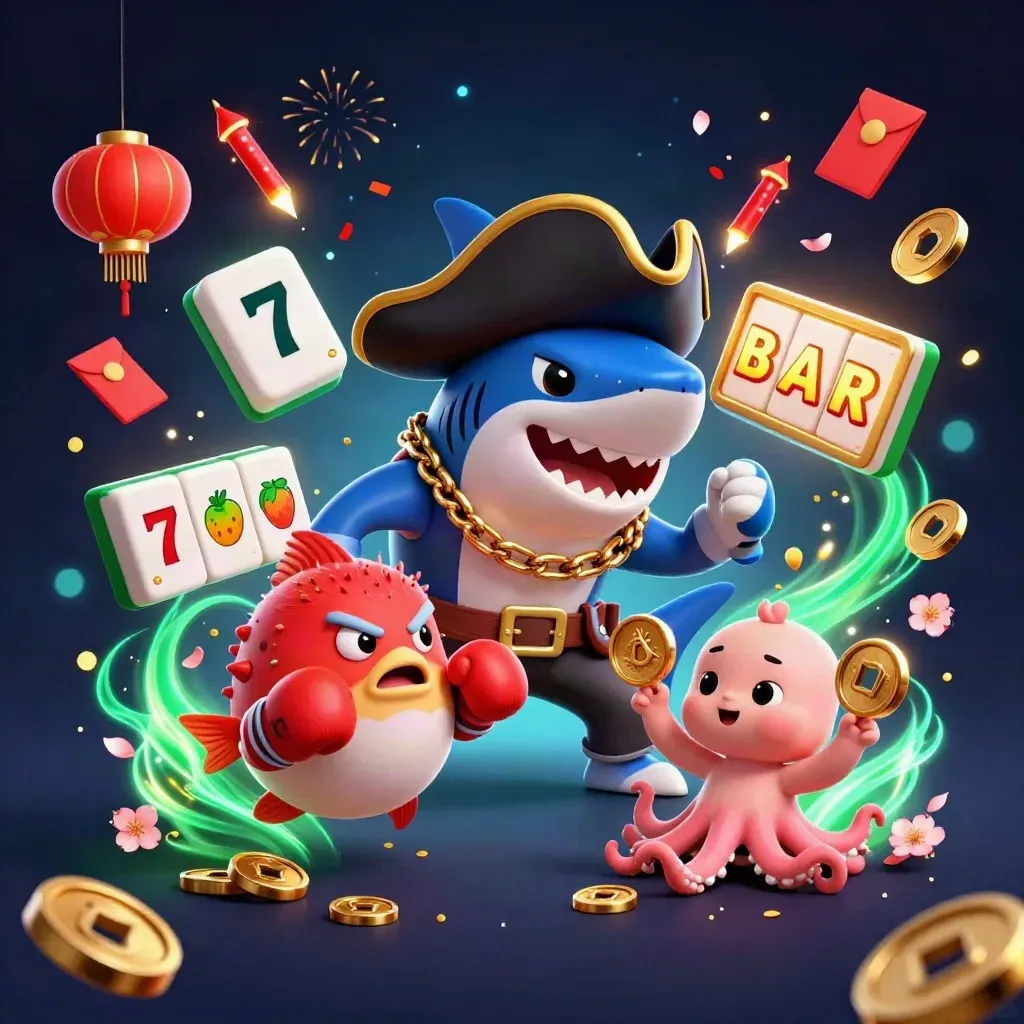 Pirate shark, boxing pufferfish, and juggling octopus amid casino icons and neon sparks.
