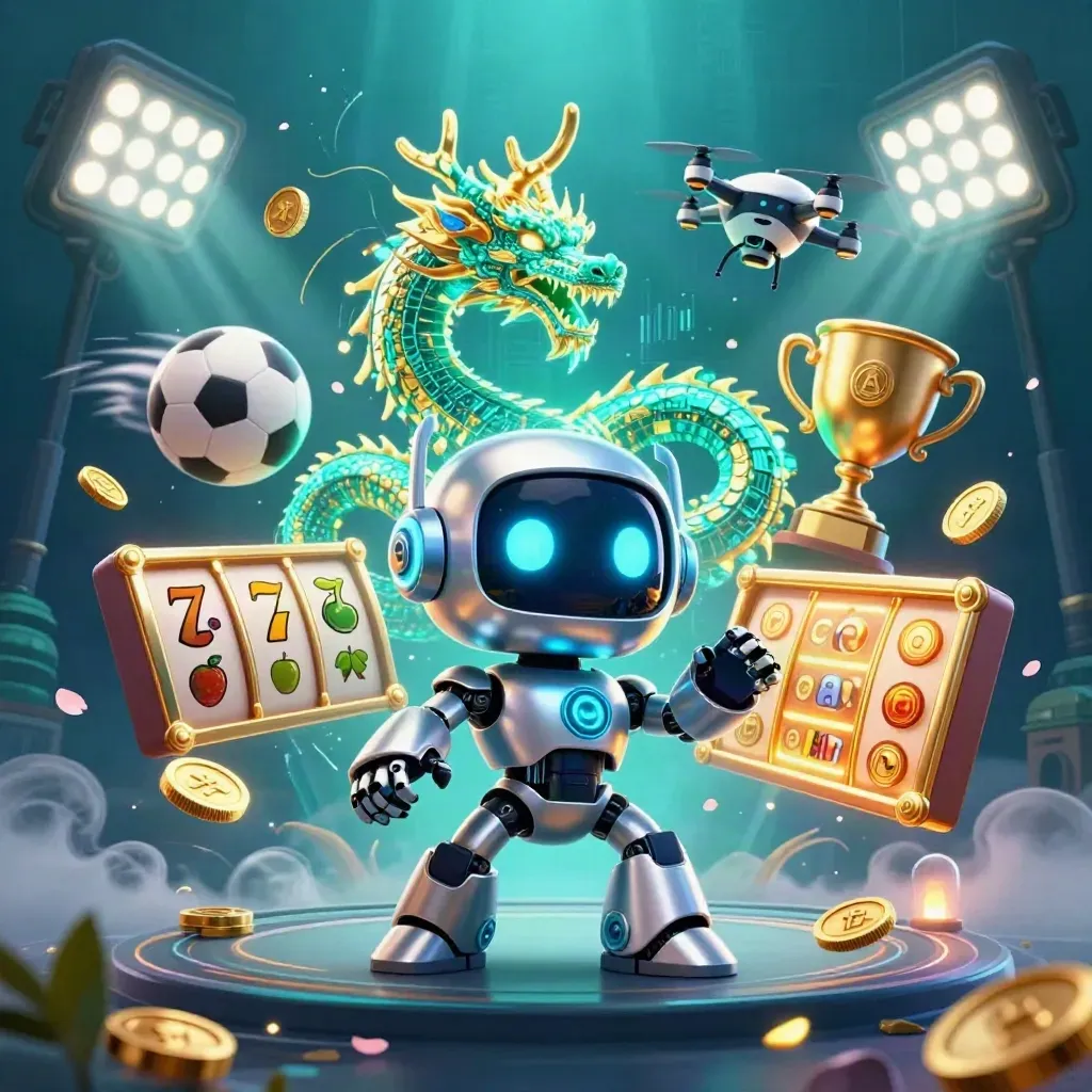 Cyberpunk robot, holographic dragon and coin drone burst with sports balls, coins and slot symbols.