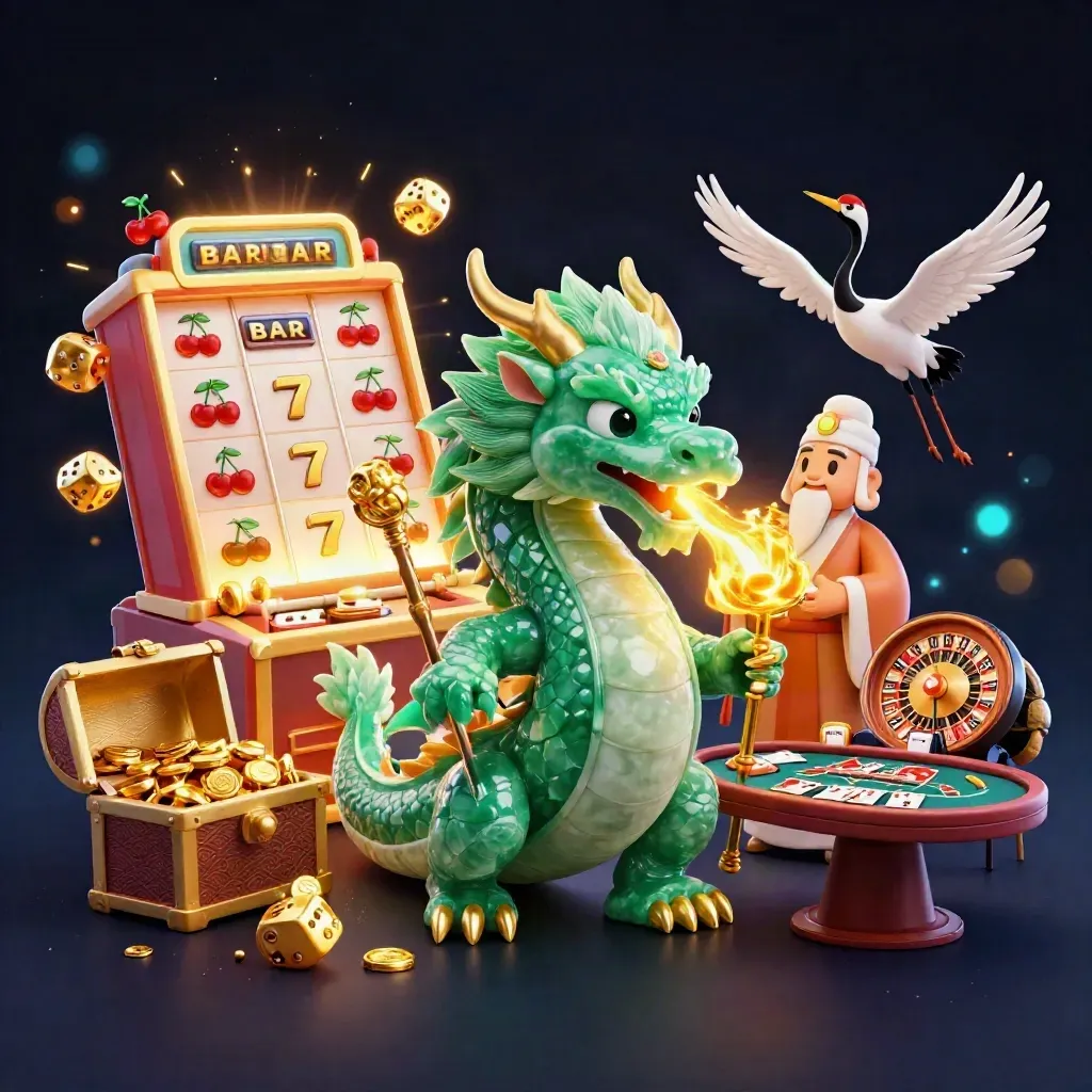 Emerald dragon, turtle sage, and cranes amid casino magic, gold sparks, slots, dice, and treasure