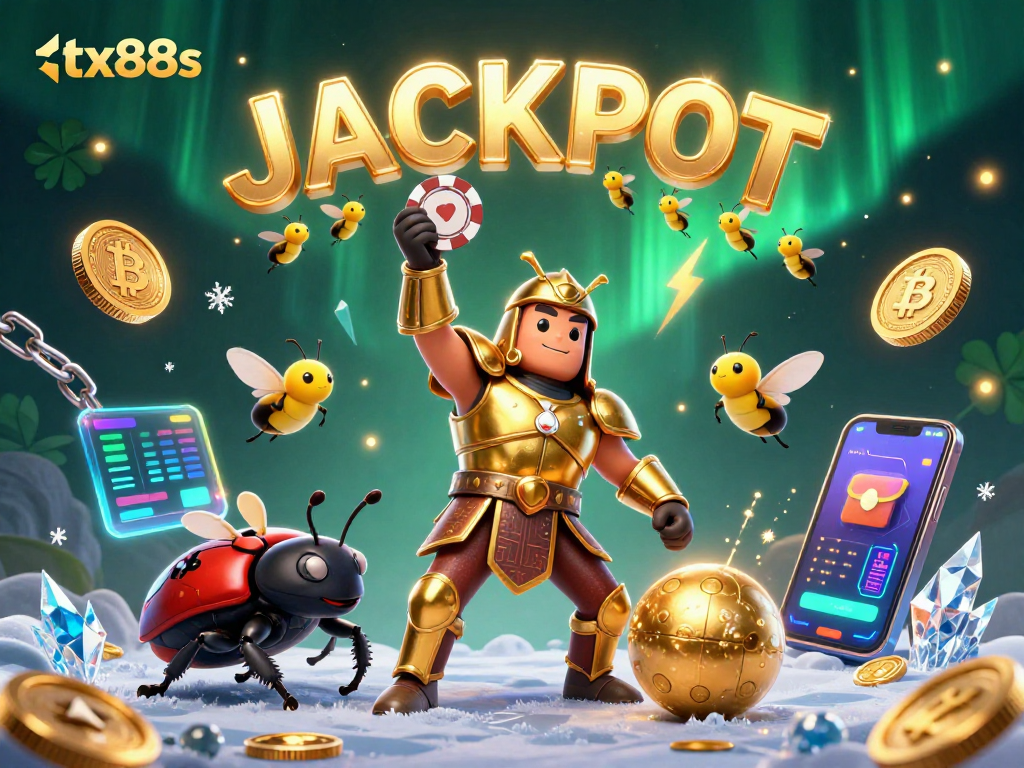 Engage with tx88s and witness a heroic beetle celebrating a massive jackpot amidst vibrant casino graphics.