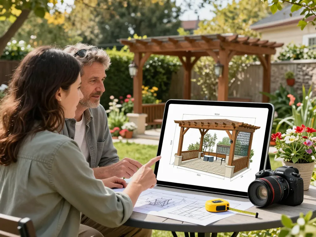 Couple using Pergola Configurator Software to visualize custom outdoor pergola designs in their garden.