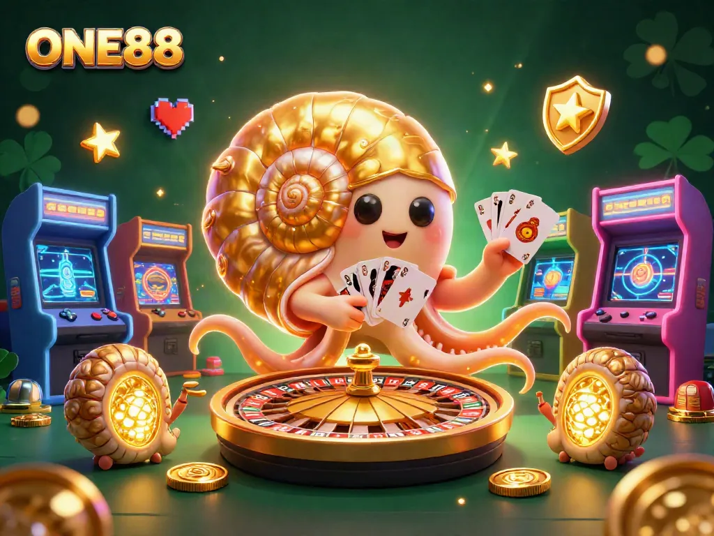 Engage in thrilling games at ONE88 with a vibrant illustration of a giant nautilus and glowing companions.