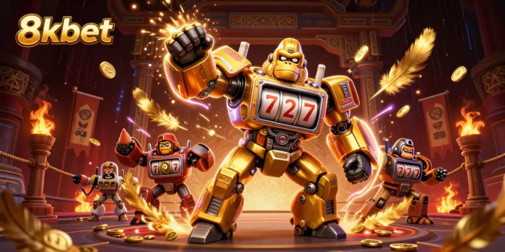 Experience the vibrant action of 8xbet with a golden gorilla mech and explosive coins.