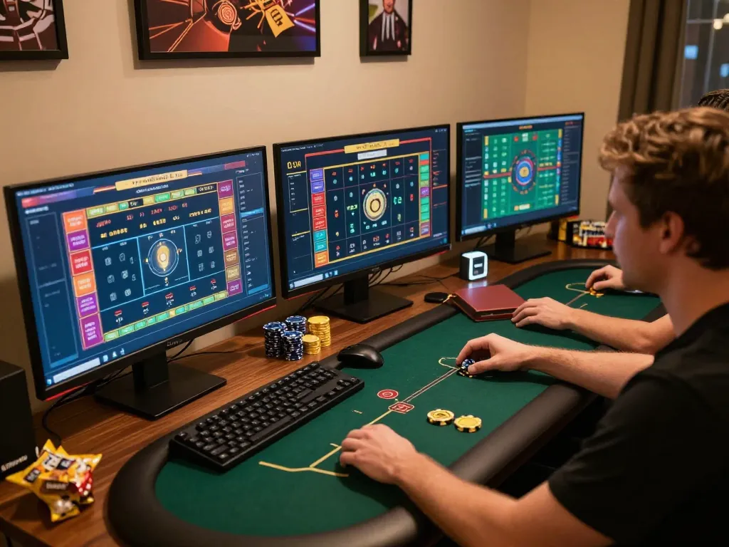 Engaged player experiencing da ga thomo online gambling with vibrant game interfaces on multiple screens.