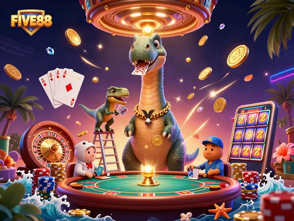Experience the excitement of FIVE88 at a dynamic casino scene with vibrant, 3D illustrations of thrilling games.