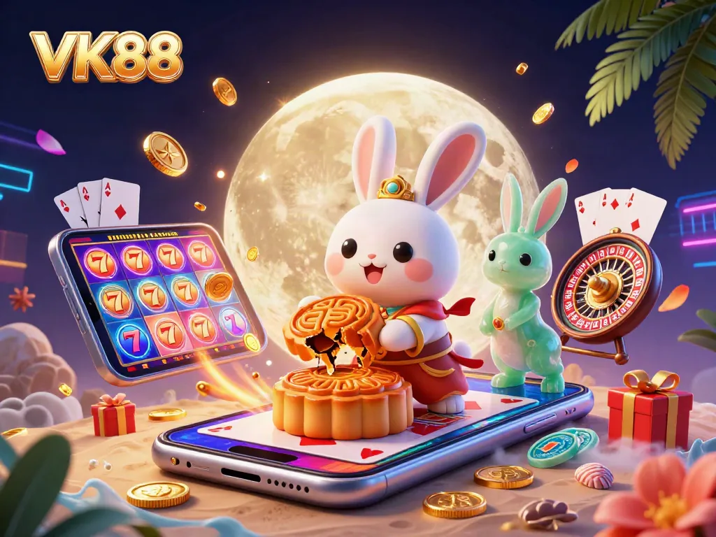 Play exciting slot games with VK88 while a traditional moon rabbit celebrates with poker chips and gaming elements.