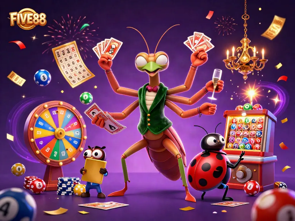 Experience FIVE88's thrilling casino atmosphere with vibrant games and dynamic characters.