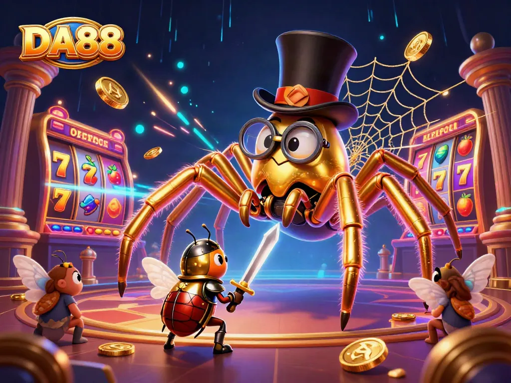 Experience thrilling gaming adventures at DA88 with dynamic slot reels and exciting characters in this vibrant casino illustration.
