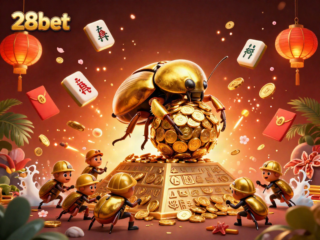 Bet with 28bet as a golden dung beetle rolls winnings in a vibrant casino illustration